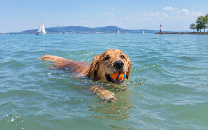 Fürdőző golden retriever a Balatonban